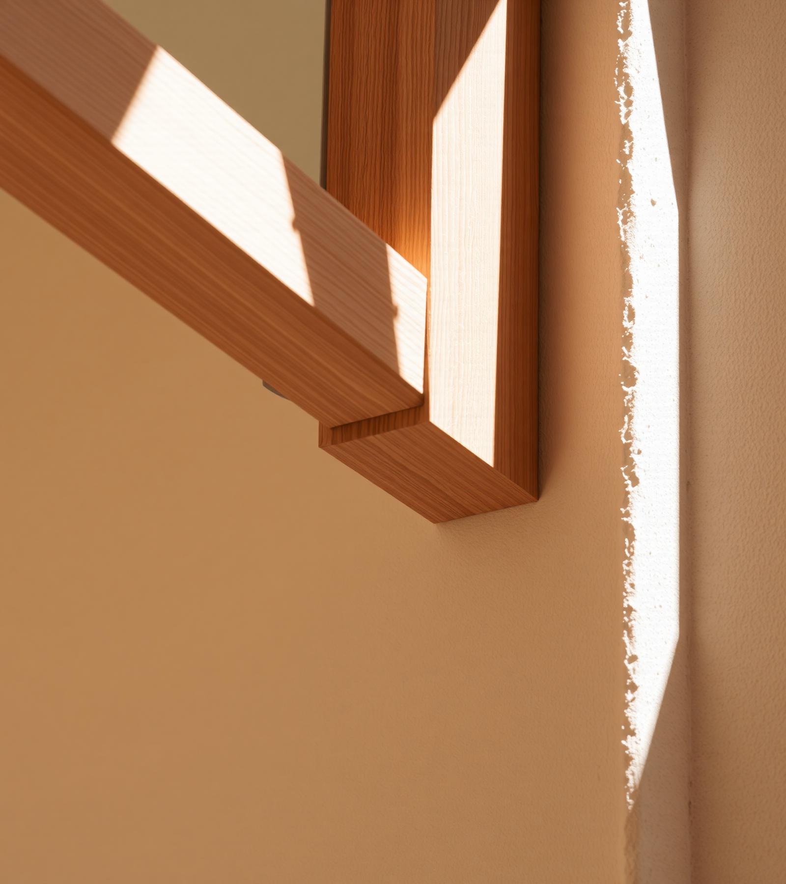 Sunlit timber beam meeting a limewashed plaster wall, warm afternoon light