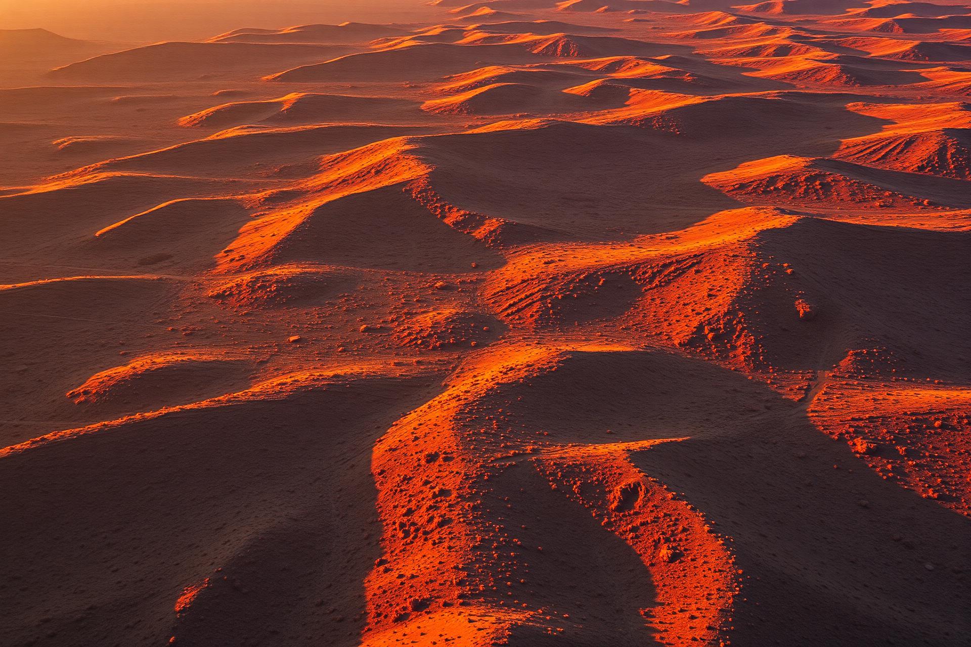 Aerial view of open, undeveloped terrain at sunset